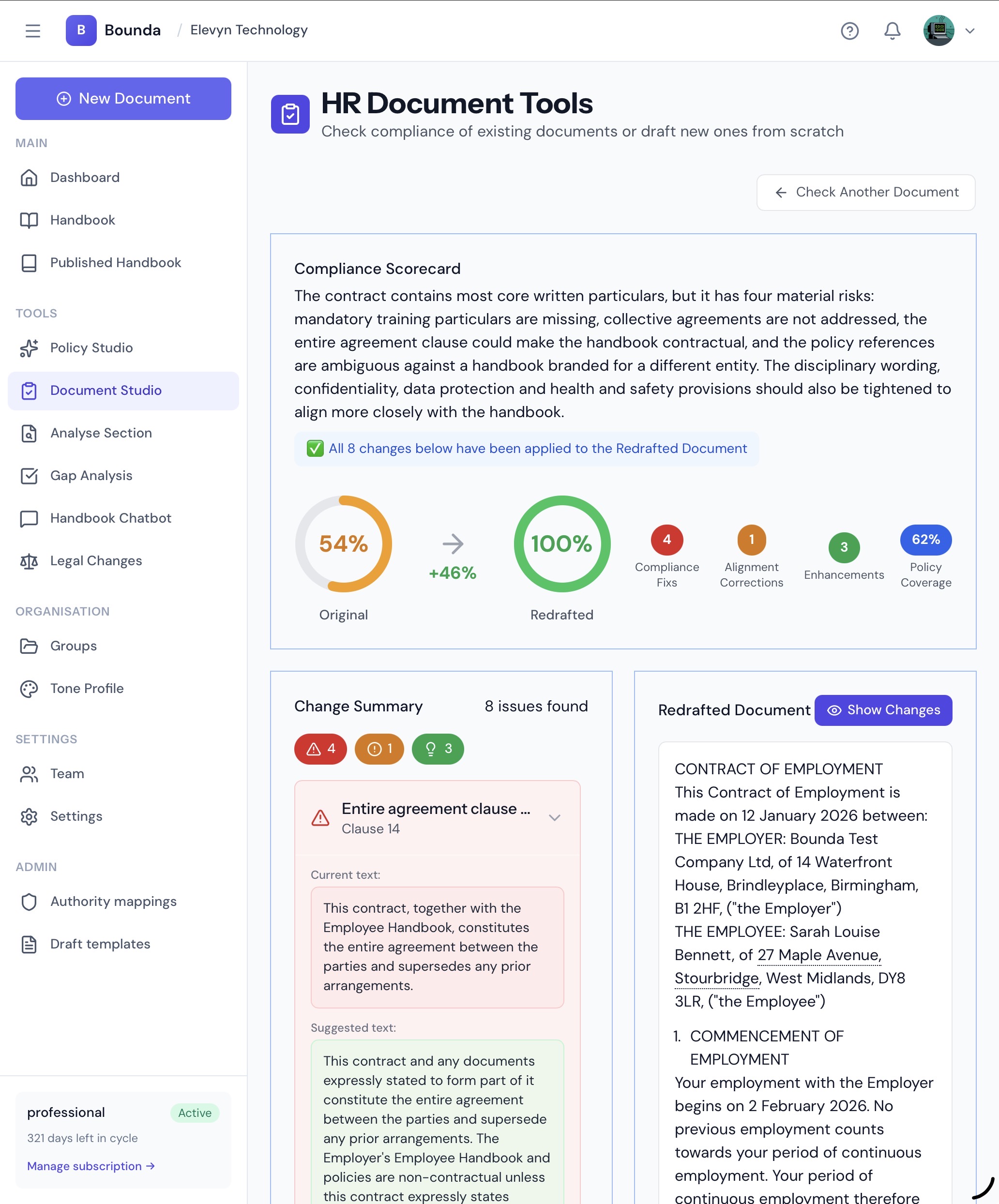 The Compliance Scorecard showing an original score of 54% rising to 100% after redrafting, with counts of 4 compliance fixes, 1 alignment correction, 3 enhancements and 62% policy coverage, alongside a change summary and the redrafted document