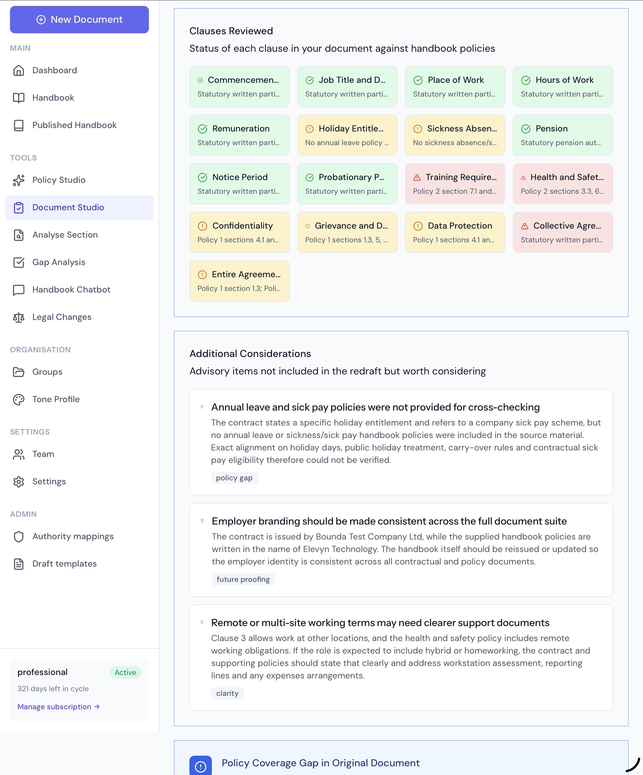 The Clauses Reviewed grid showing colour-coded statuses for clauses such as Commencement, Holiday Entitlement, Training Requirements and Collective Agreements, followed by an Additional Considerations list and a policy coverage gap notice