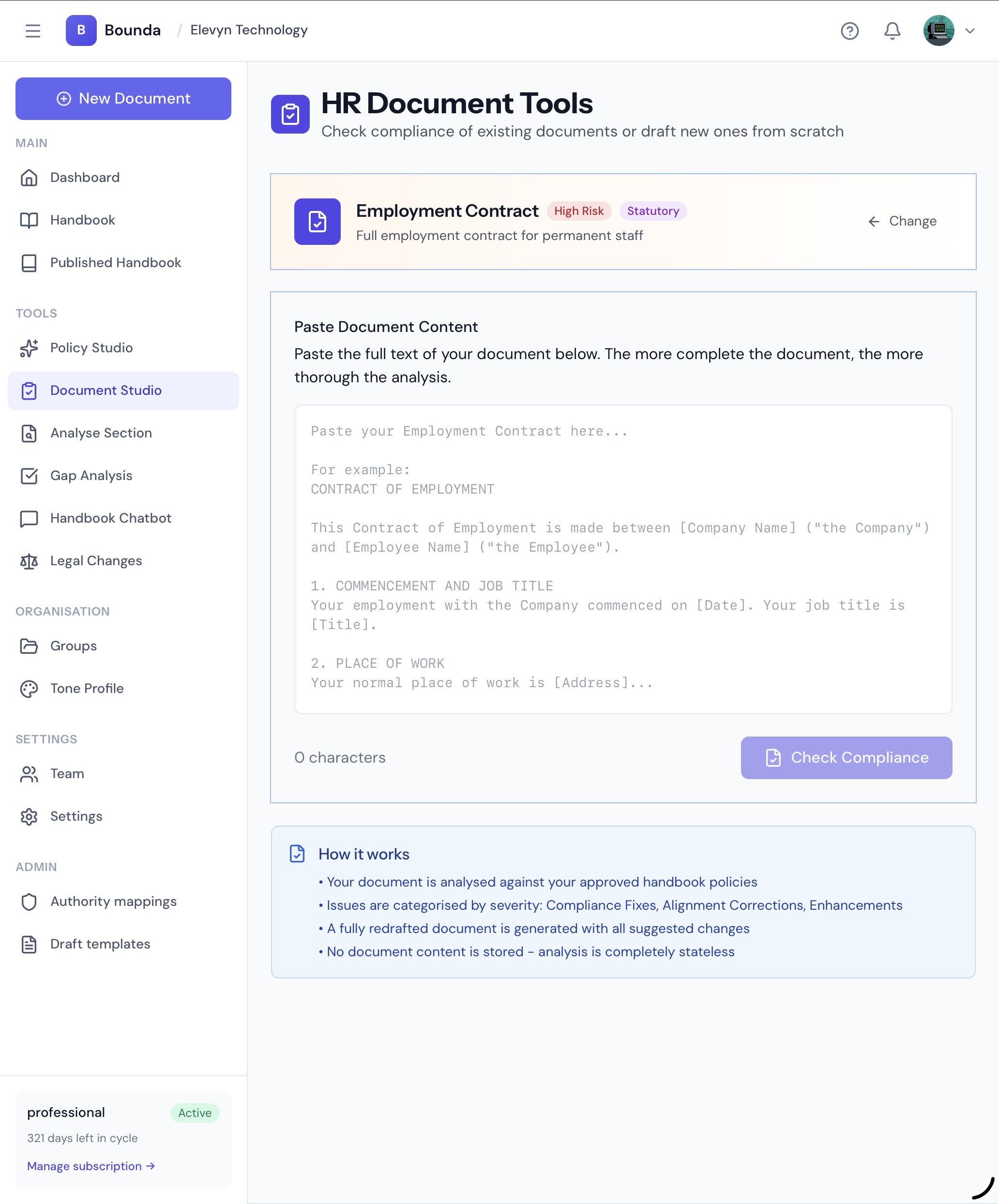 The Paste Document Content screen for an Employment Contract, with a large text area to paste the full document, a Check Compliance button, and a How it works panel explaining the analysis