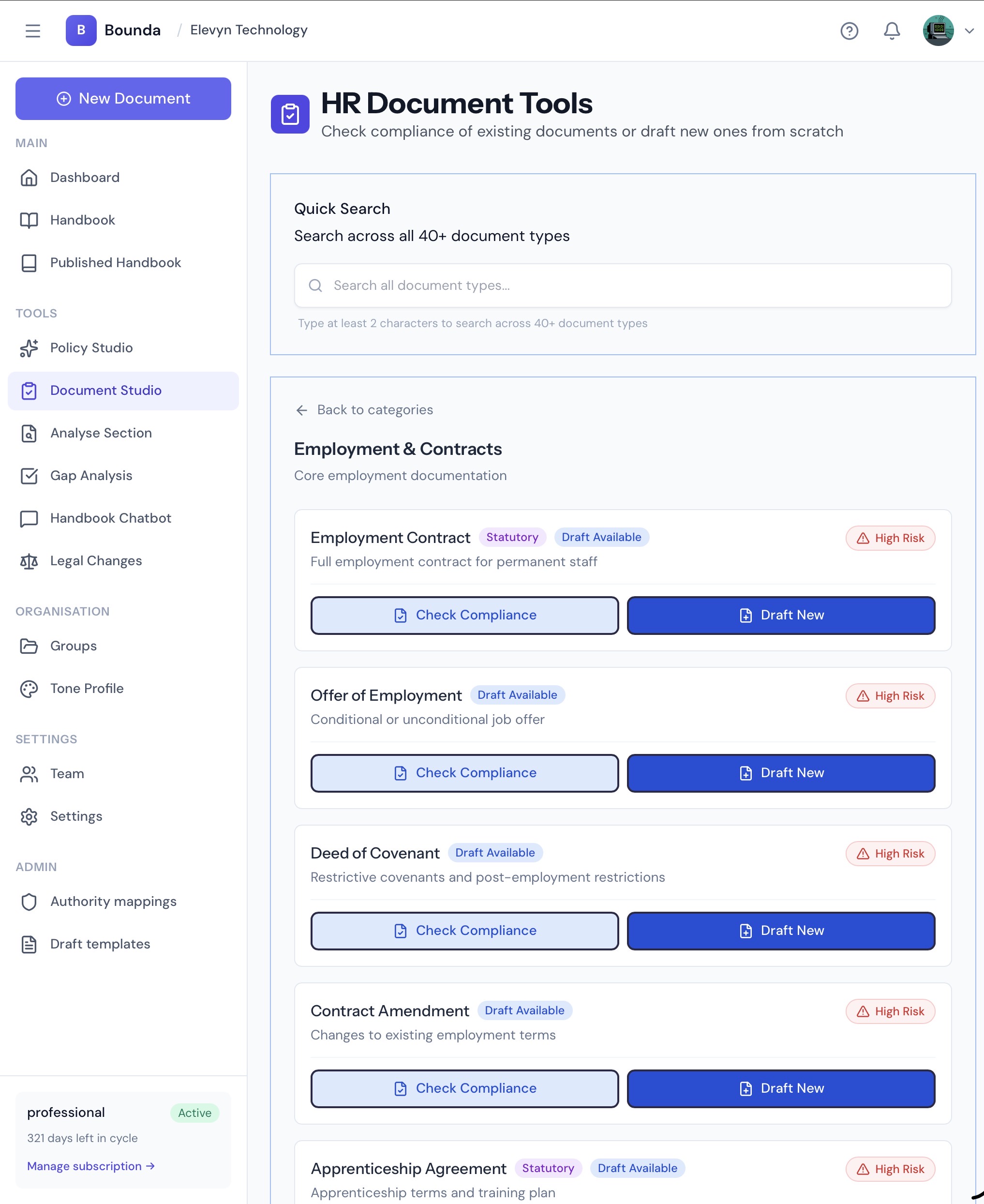 Document Studio showing the Employment & Contracts category with document cards such as Employment Contract, Offer of Employment and Deed of Covenant, each with Check Compliance and Draft New buttons and risk badges