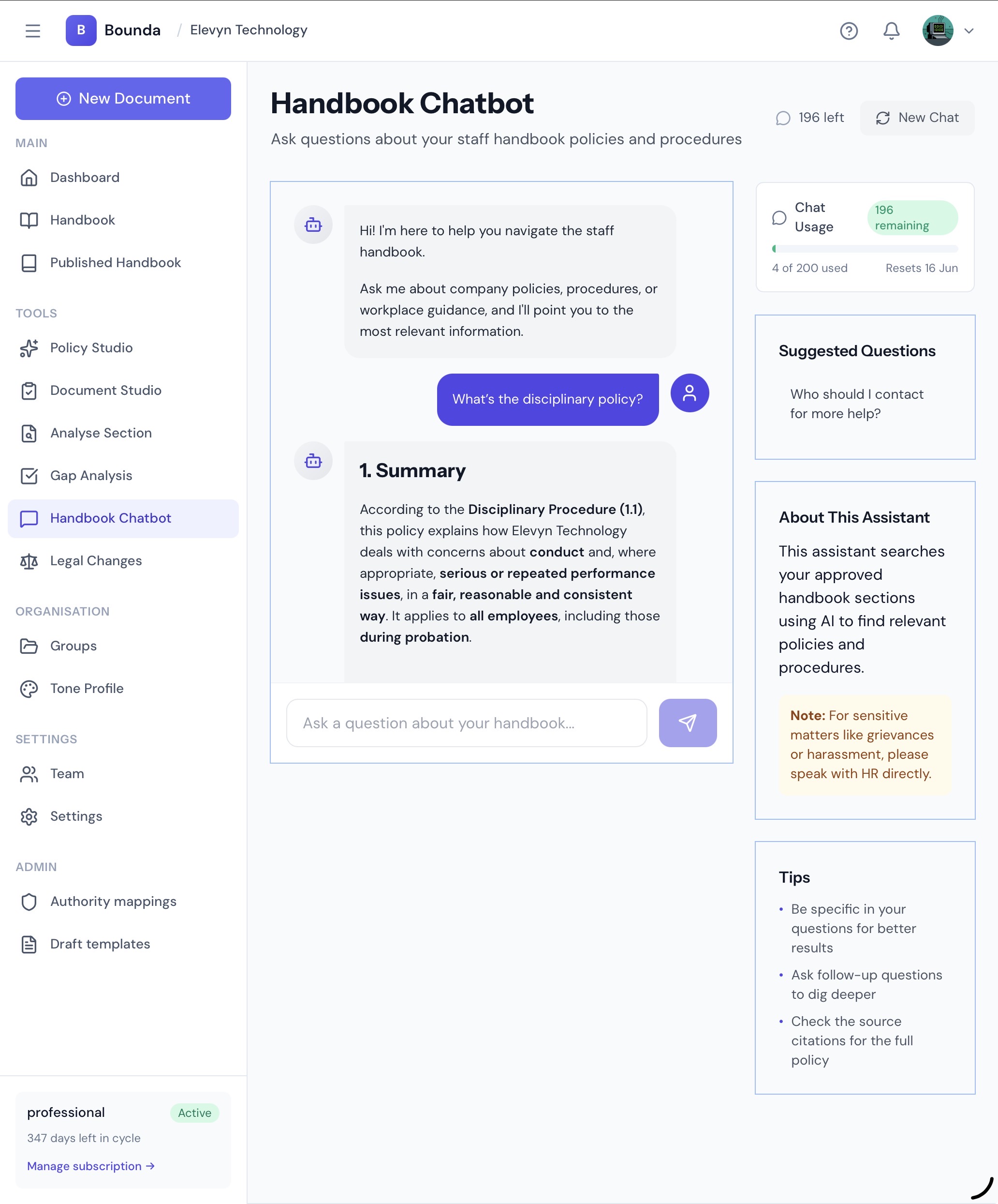 Bounda Handbook Chatbot answering a question about the disciplinary policy with a cited handbook summary