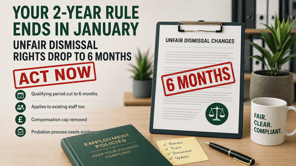 Graphic reading 'Your 2-year rule ends in January: unfair dismissal rights drop to 6 months, act now', beside a clipboard stamped 6 months and an employment policies handbook, summarising the UK unfair dismissal changes for small businesses