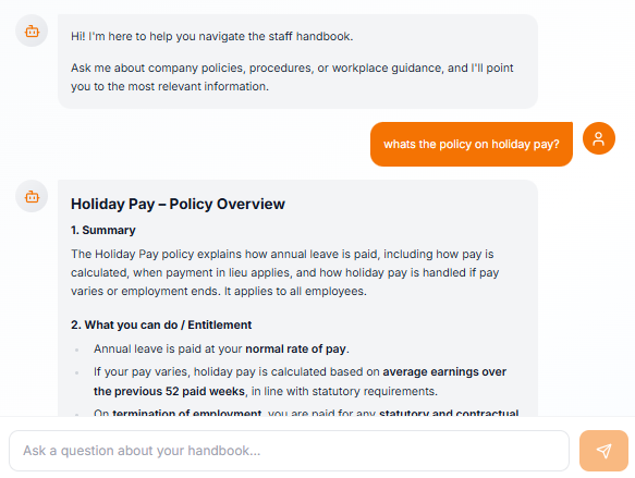 Bounda Handbook Chatbot answering an employee question with citations to specific handbook sections