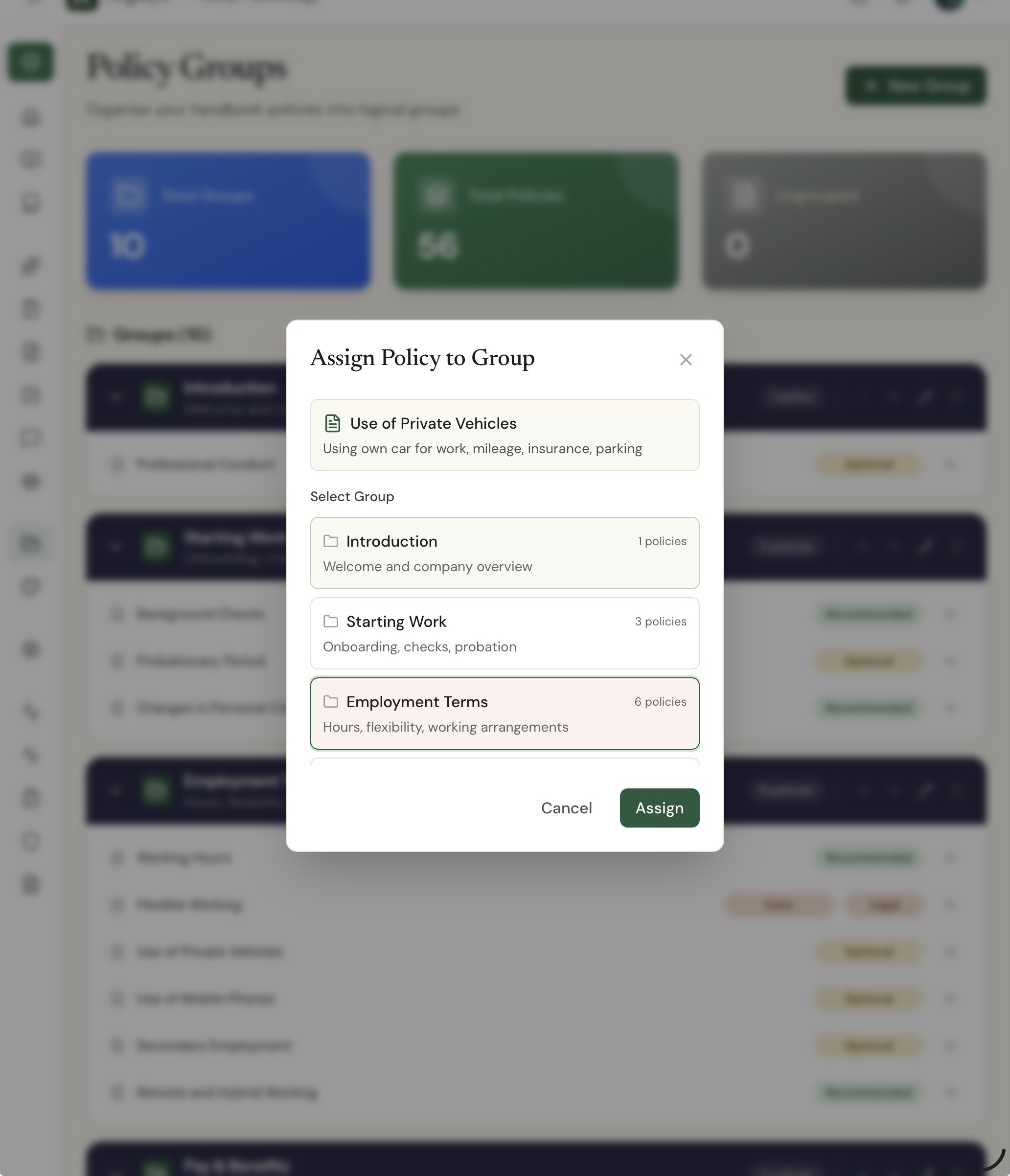 Assign Policy to Group dialog showing the Use of Private Vehicles policy and a list of groups to choose from, with Employment Terms selected and an Assign button