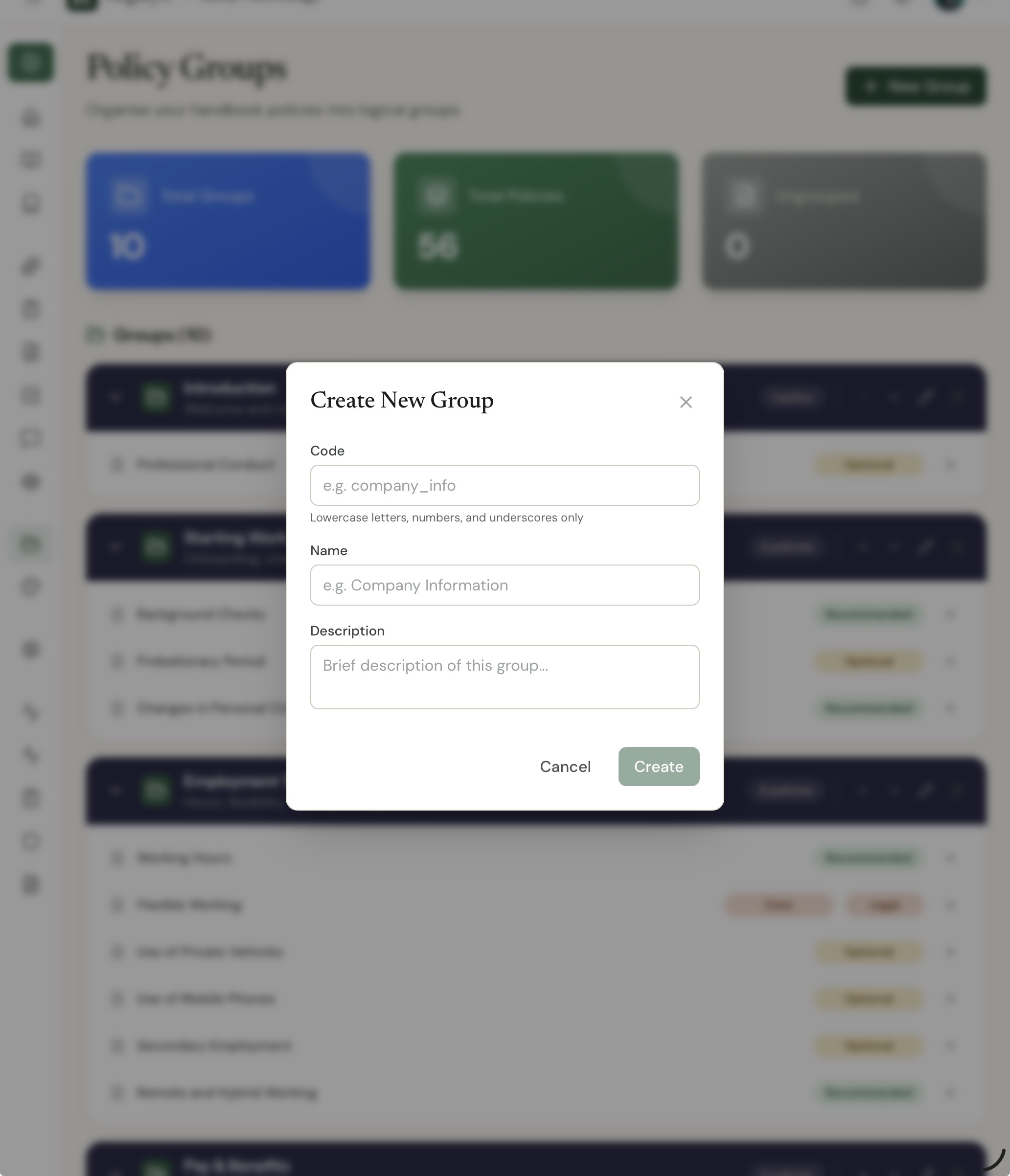 Create New Group dialog with fields for Code, Name and Description, and Cancel and Create buttons