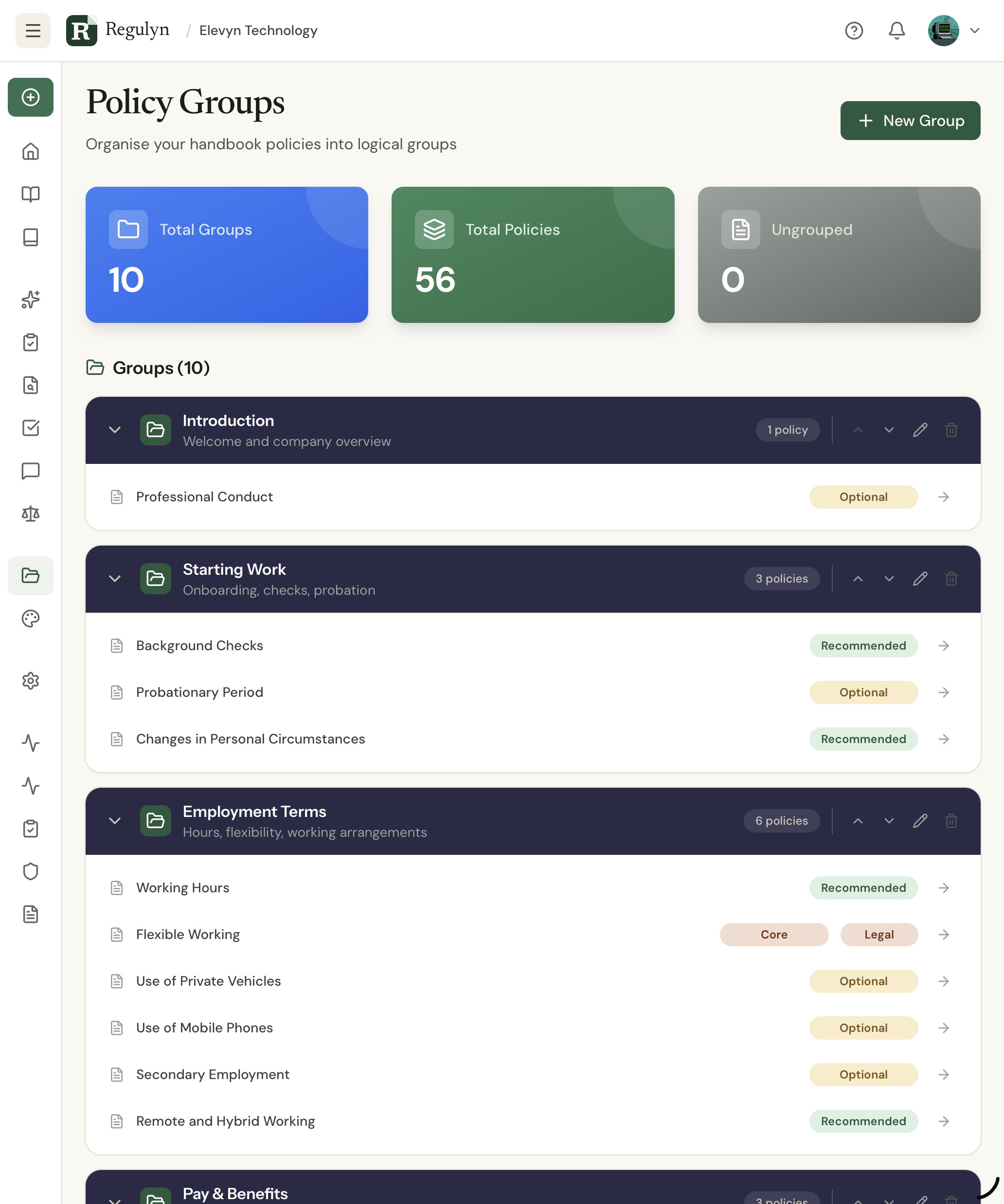 Policy Groups page showing totals for groups, policies and ungrouped policies, above a list of groups such as Introduction, Starting Work and Employment Terms with the policies inside each one