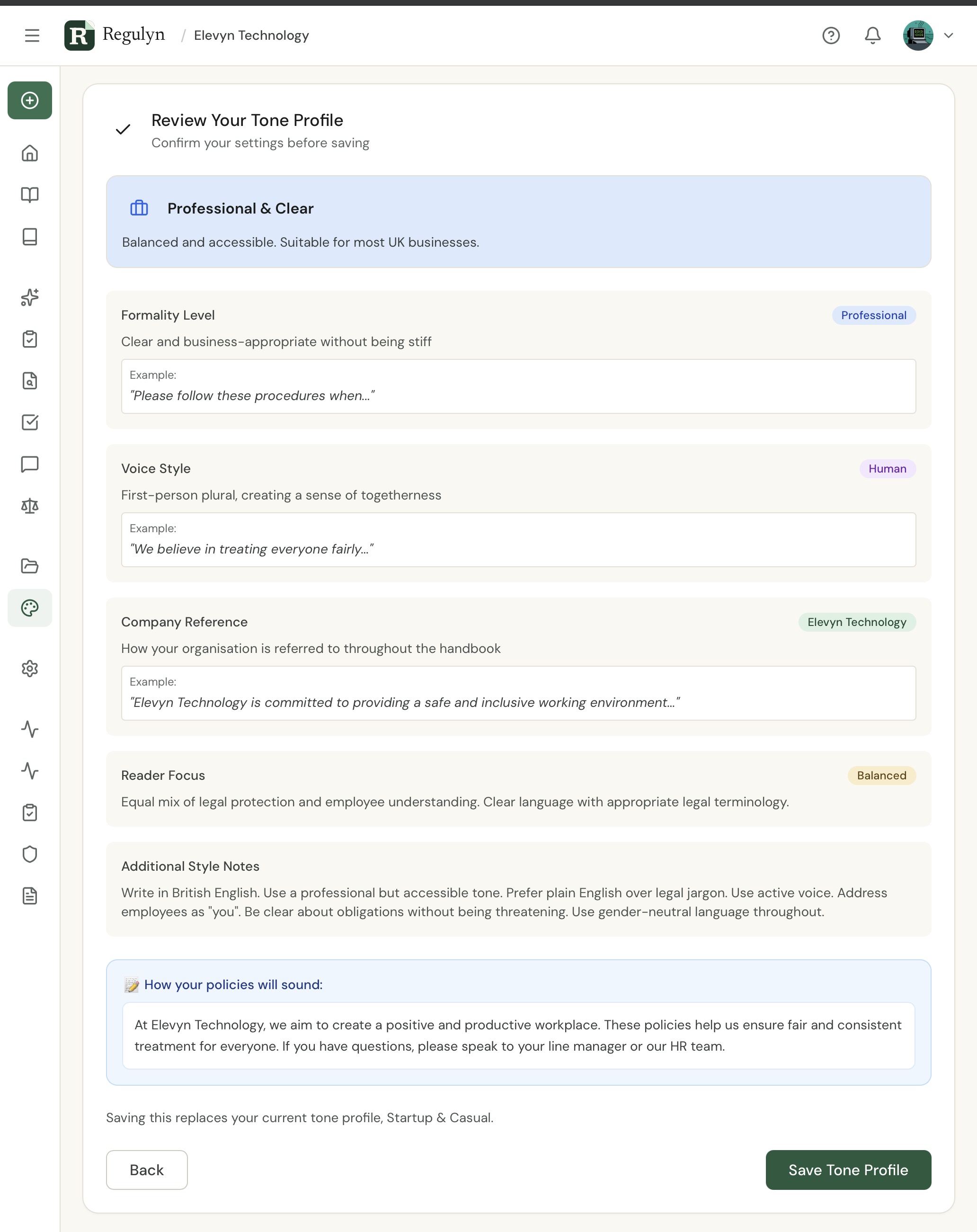 Review Your Tone Profile screen for the Professional and Clear preset, showing formality level, voice style, company reference and reader focus, each with an example, followed by a sample of how policies will sound and a Save Tone Profile button