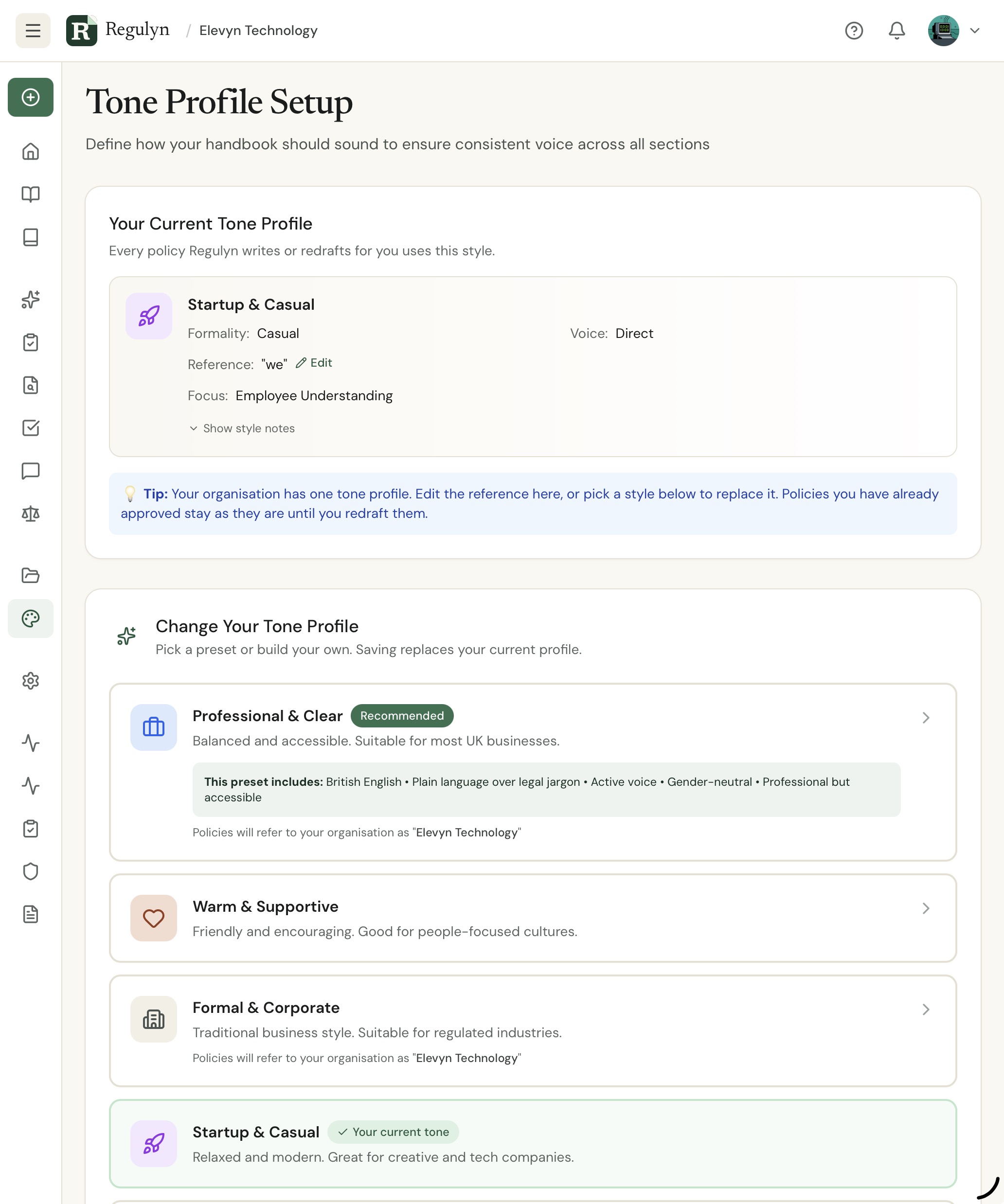 Tone Profile Setup page showing the current tone profile, Startup and Casual, above the list of presets: Professional and Clear, Warm and Supportive, Formal and Corporate, and Startup and Casual