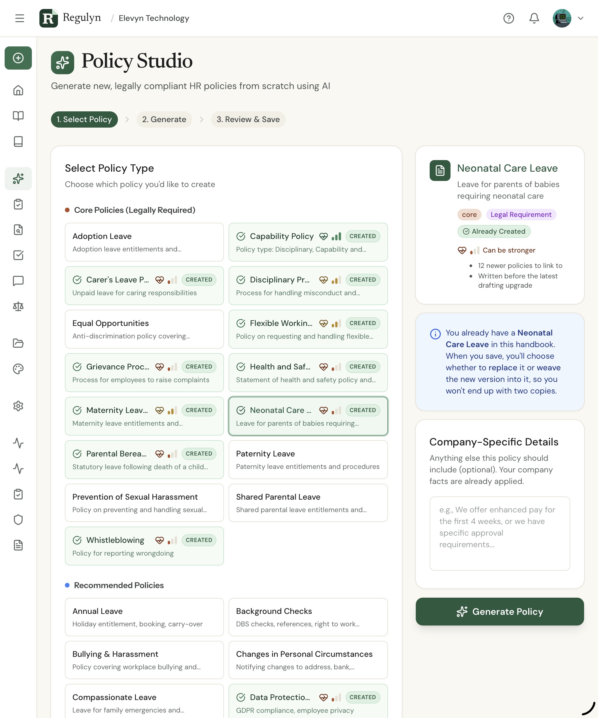 Policy Studio showing the core UK policy types, each created policy marked with its Policy Pulse strength, and Neonatal Care Leave selected with a Company-Specific Details box