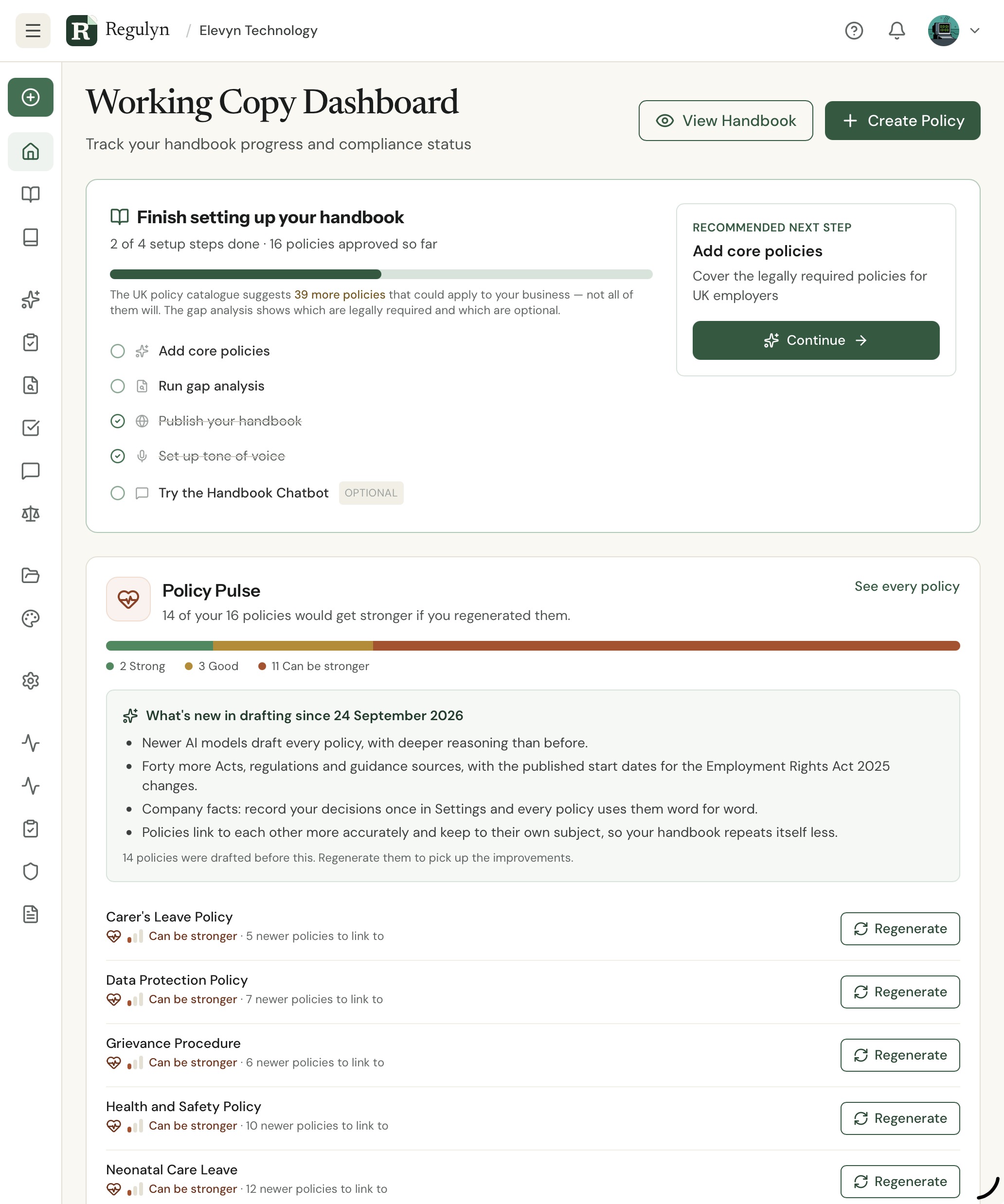 Regulyn Working Copy Dashboard showing the handbook setup checklist and the Policy Pulse panel with 2 Strong, 3 Good and 11 Can be stronger policies, a list of what's new in drafting, and Regenerate buttons beside each policy